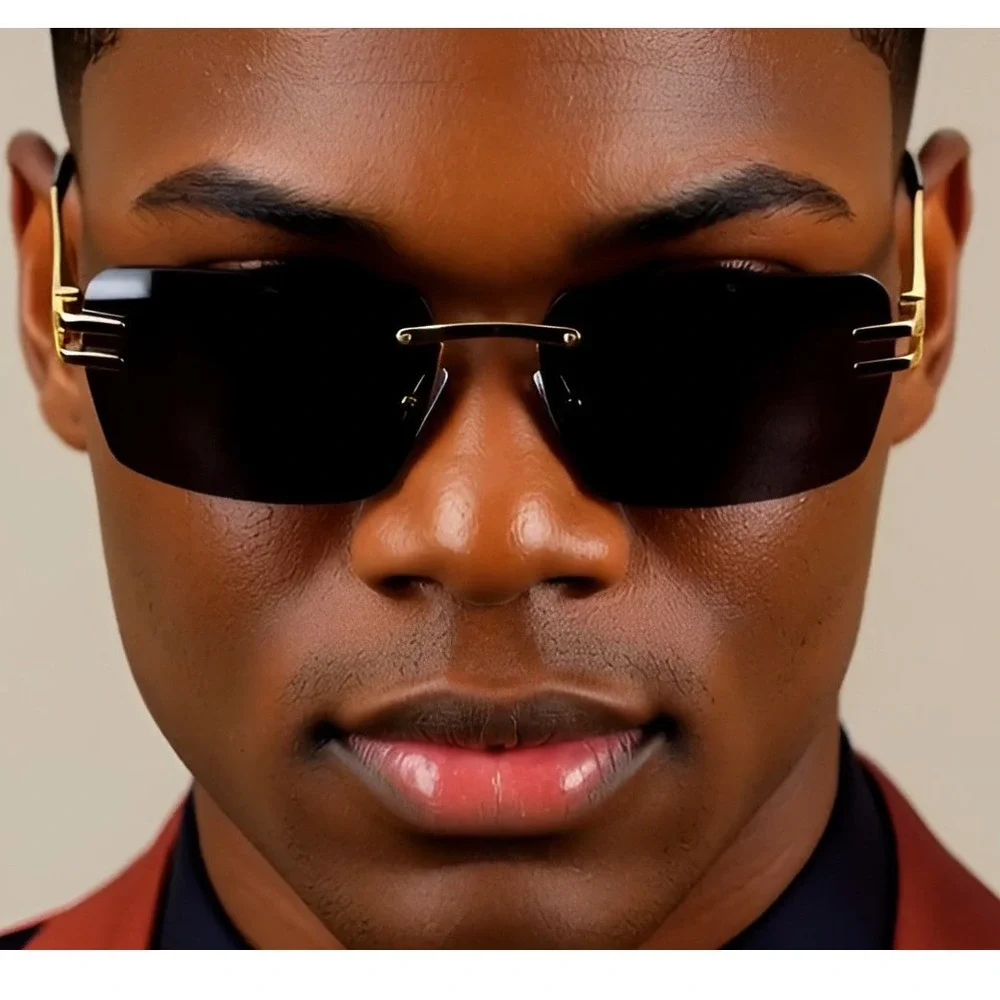Men's Vintage Rimless Dark Black‎ Tint Gold Frame Woodgrain Hip Hop Sunglasses